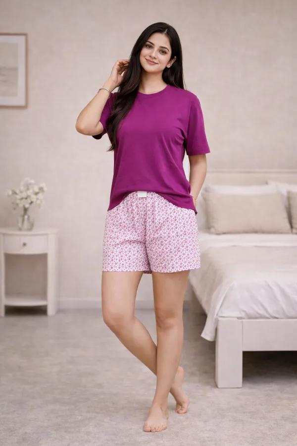 Pink_&_Purple__Cotton_Half_Sleeve_Round_T_Shirt_With_Shorts_For_Women