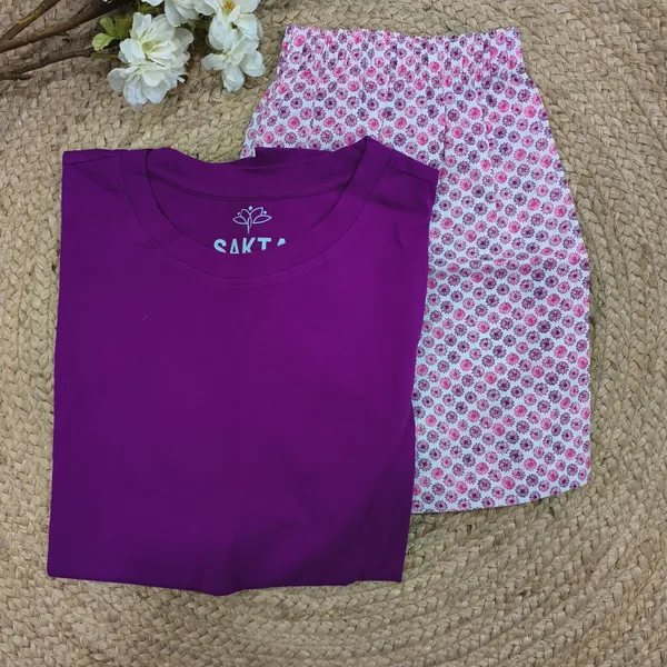 Pink_&_Purple__Cotton_Half_Sleeve_Round_T_Shirt_With_Shorts_For_Women