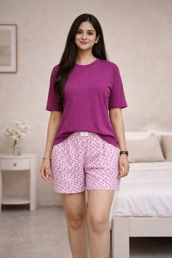 Pink_&_Purple__Cotton_Half_Sleeve_Round_T_Shirt_With_Shorts_For_Women