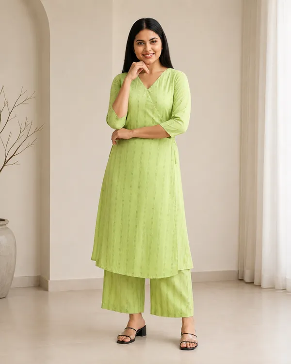 Pastel_Green_Viscose_Blend_3/4_Sleeves_V-Neck_Angrakha_Kurta_With_Bottom_Set_For_Women