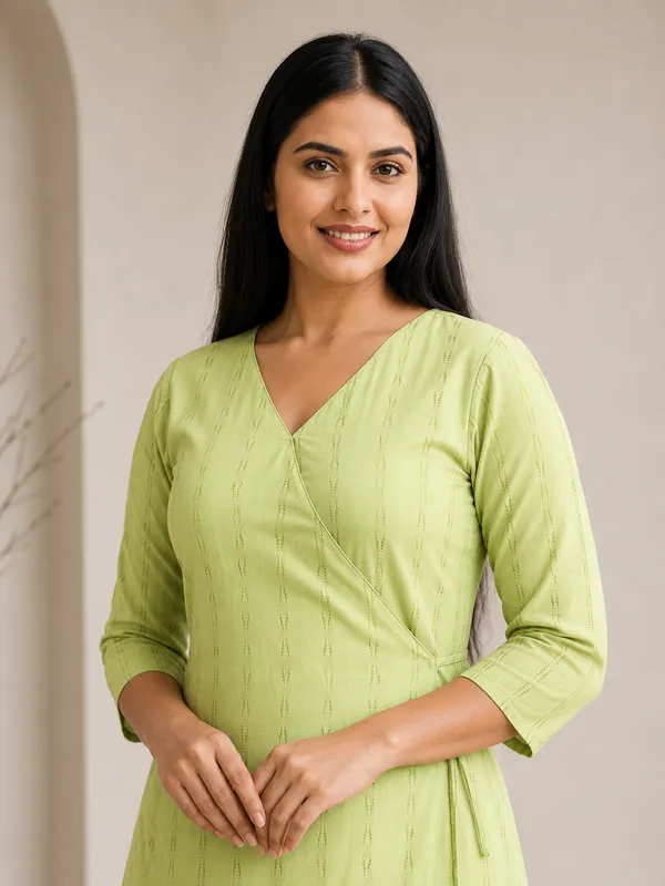 Pastel_Green_Viscose_Blend_3/4_Sleeves_V-Neck_Angrakha_Kurta_With_Bottom_Set_For_Women