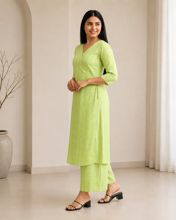 Pastel_Green_Viscose_Blend_3/4_Sleeves_V-Neck_Angrakha_Kurta_With_Bottom_Set_For_Women