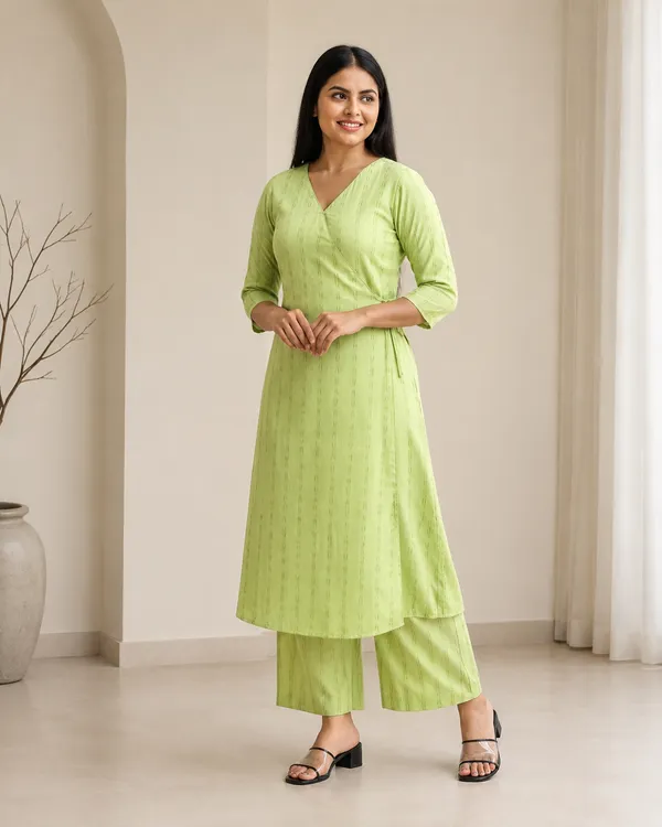 Pastel_Green_Viscose_Blend_3/4_Sleeves_V-Neck_Angrakha_Kurta_With_Bottom_Set_For_Women