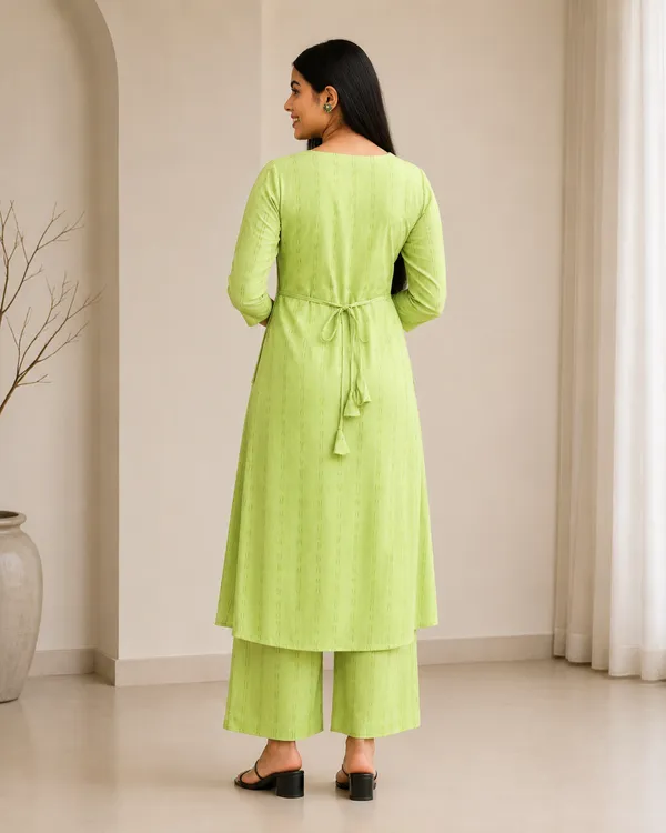 Pastel_Green_Viscose_Blend_3/4_Sleeves_V-Neck_Angrakha_Kurta_With_Bottom_Set_For_Women