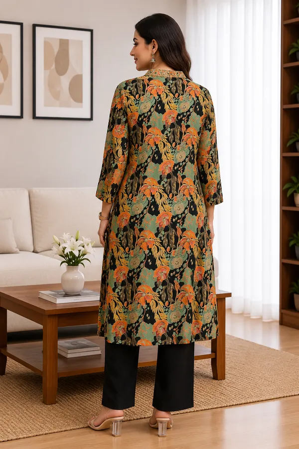 Floral_Print_V_Neck_Three_Fourth_Sleeve_Straight_Kurta_For_Women
