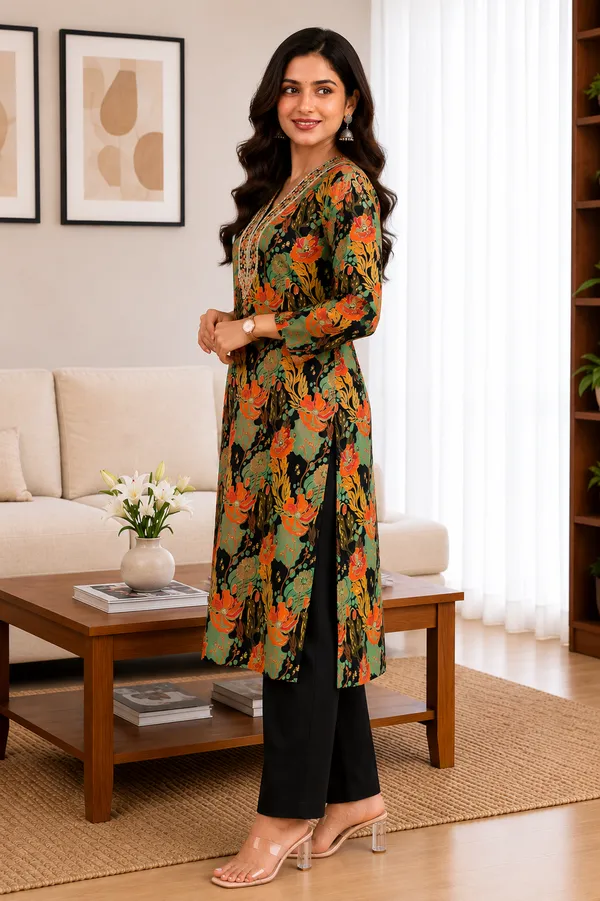 Floral_Print_V_Neck_Three_Fourth_Sleeve_Straight_Kurta_For_Women