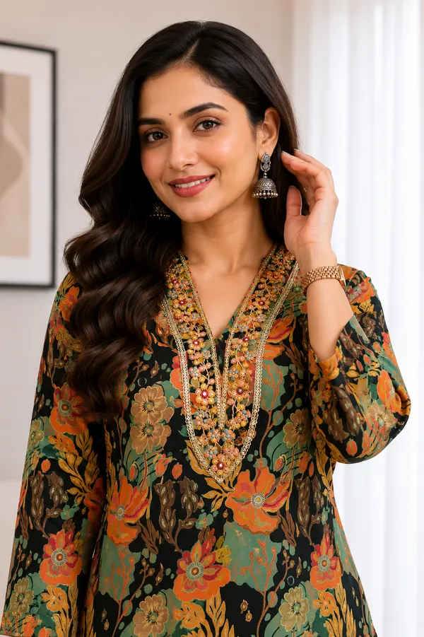 Floral_Print_V_Neck_Three_Fourth_Sleeve_Straight_Kurta_For_Women