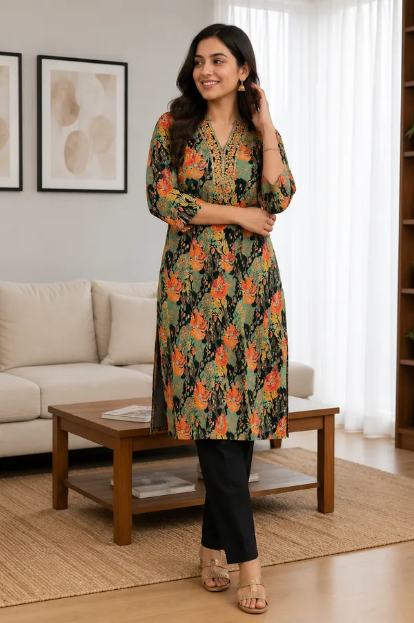 Floral_Print_V_Neck_Three_Fourth_Sleeve_Straight_Kurta_For_Women