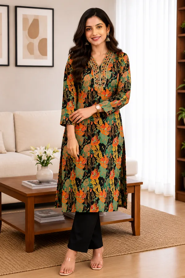 Floral_Print_V_Neck_Three_Fourth_Sleeve_Straight_Kurta_For_Women