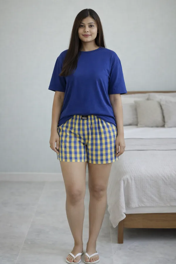 Yellow_&_Blue_Short_Cotton_Half_Sleeve_Round_T_Shirt_With_Shorts_For_Women