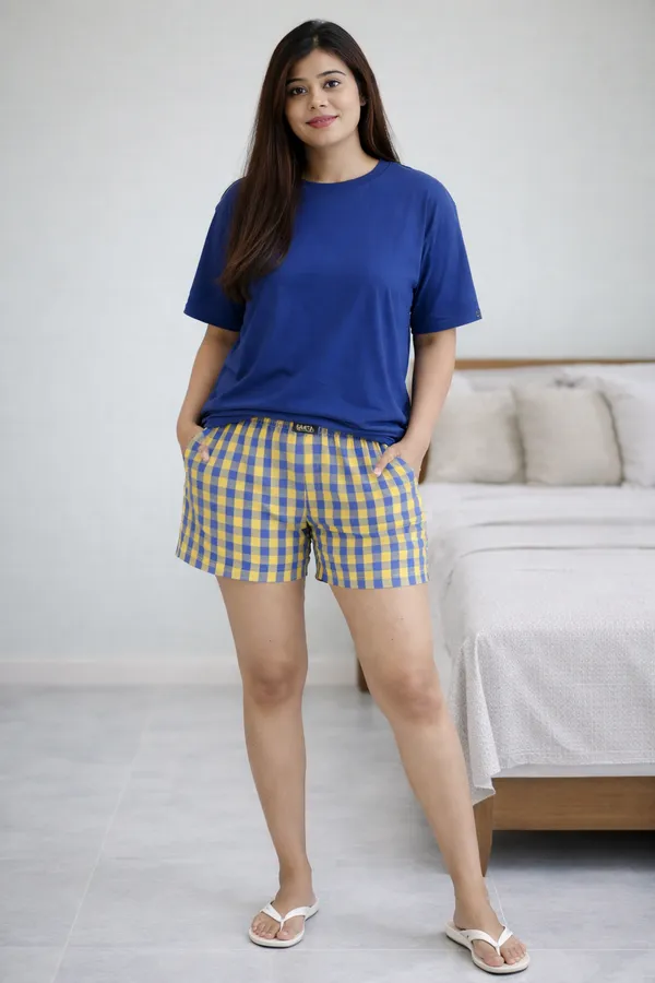 Yellow_&_Blue_Short_Cotton_Half_Sleeve_Round_T_Shirt_With_Shorts_For_Women