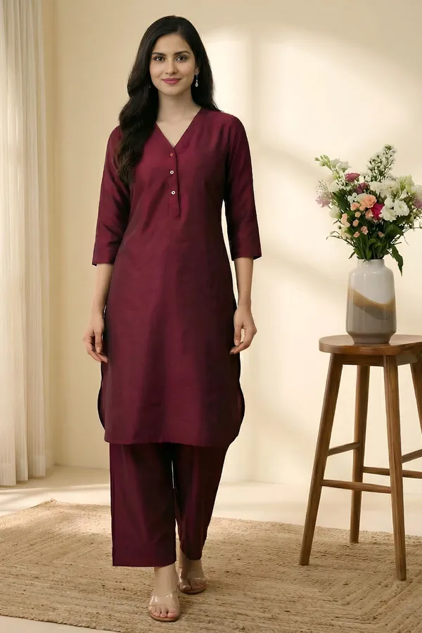 Maroon_Cotton_Silk_3/4_Sleeves_V_Neck_Kurta_And_Pent_Set_For_Women