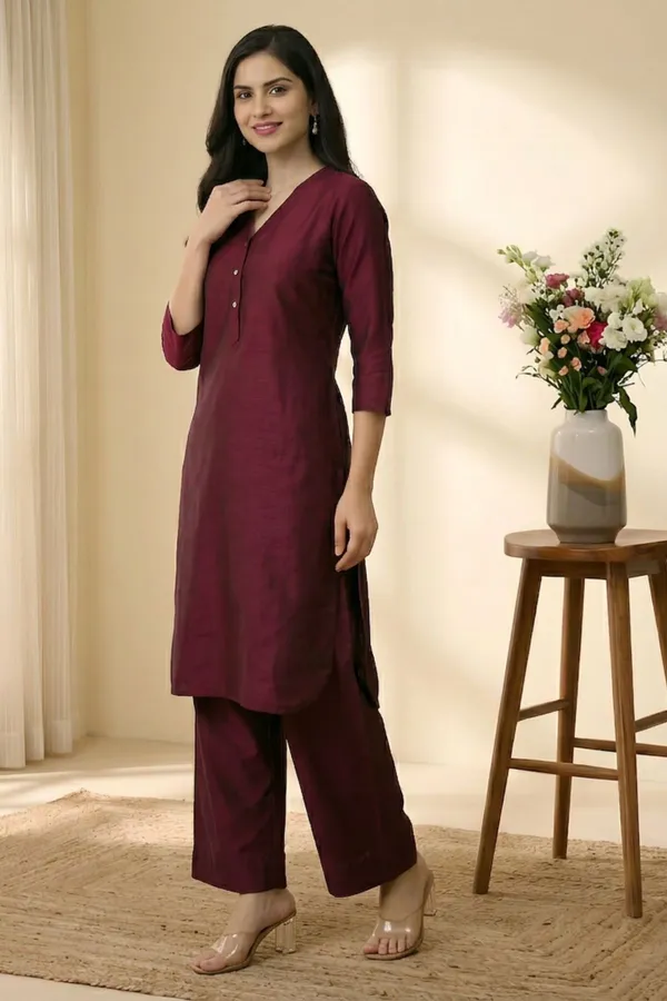 Maroon_Cotton_Silk_3/4_Sleeves_V_Neck_Kurta_And_Pent_Set_For_Women
