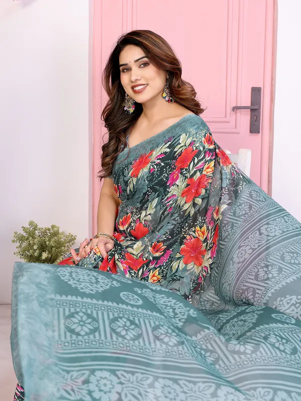 Floral_Print_Daily_Wear_Georgette_Saree_(Green)