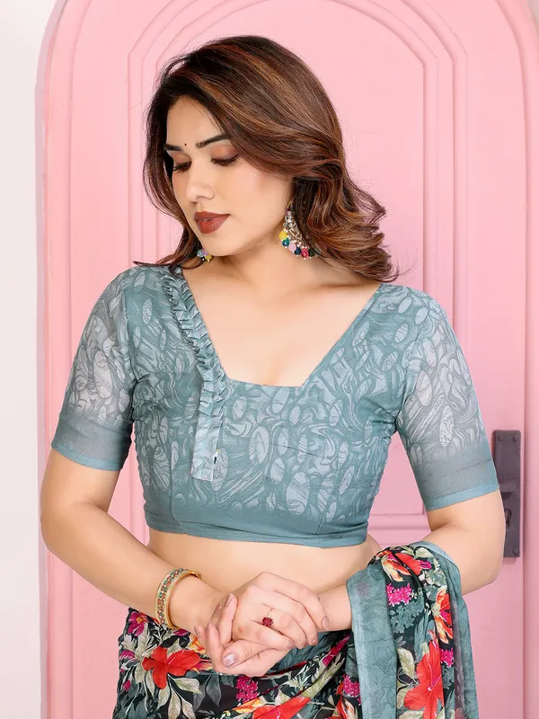 Floral_Print_Daily_Wear_Georgette_Saree_(Green)