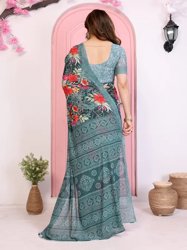Floral_Print_Daily_Wear_Georgette_Saree_(Green)