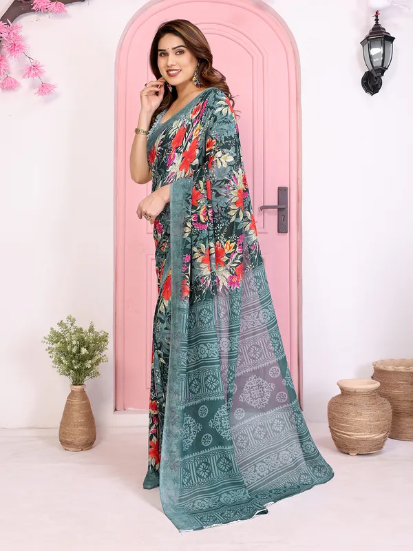 Floral_Print_Daily_Wear_Georgette_Saree_(Green)
