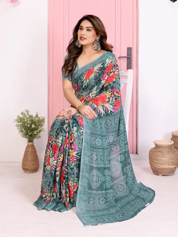 Floral_Print_Daily_Wear_Georgette_Saree_(Green)