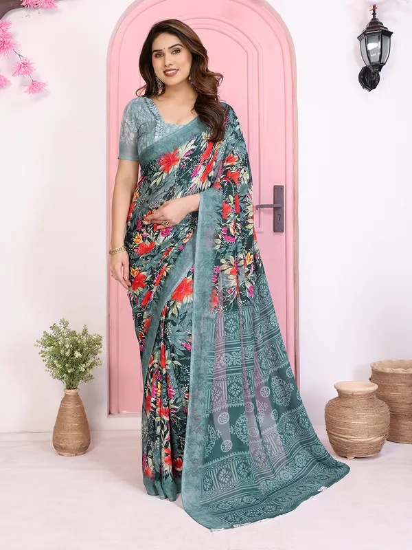 Floral_Print_Daily_Wear_Georgette_Saree_(Green)