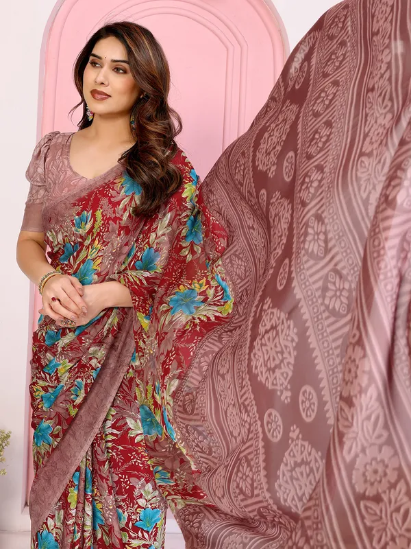 Floral_Print_Daily_Wear_Georgette_Saree_(Red)