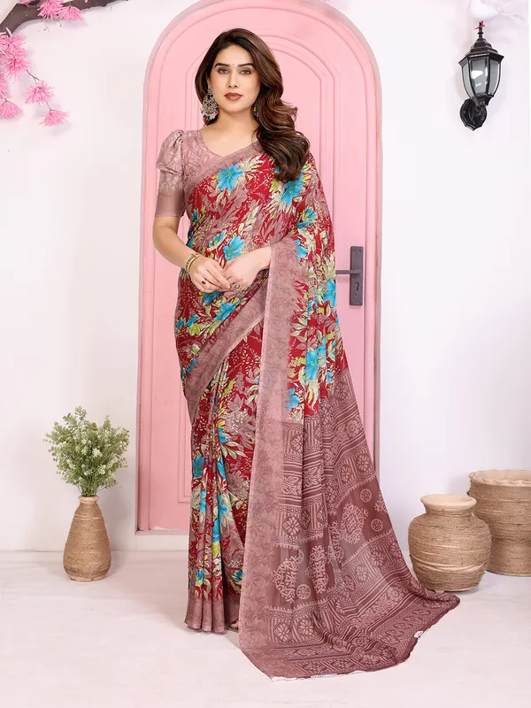 Floral_Print_Daily_Wear_Georgette_Saree_(Red)