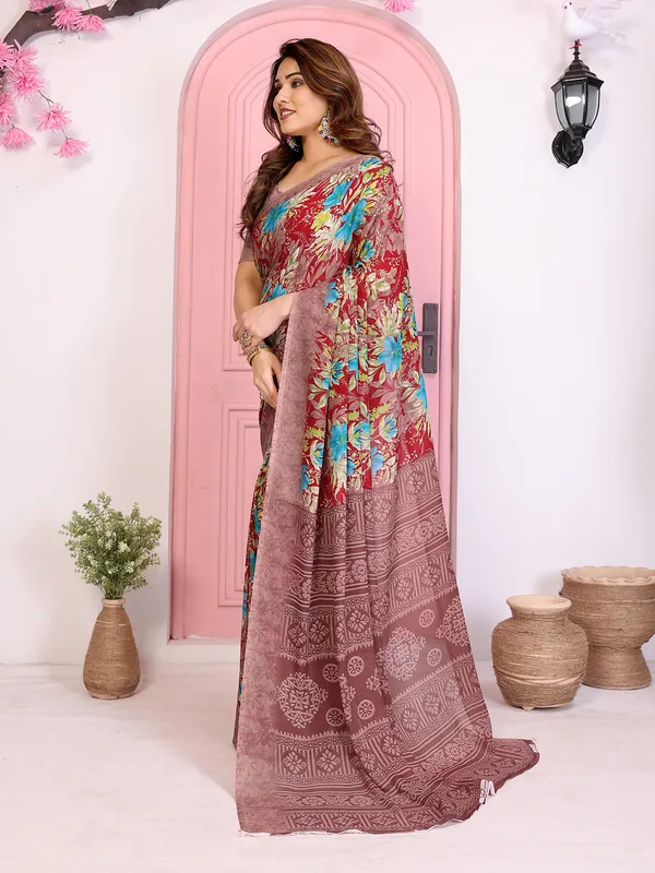 Floral_Print_Daily_Wear_Georgette_Saree_(Red)