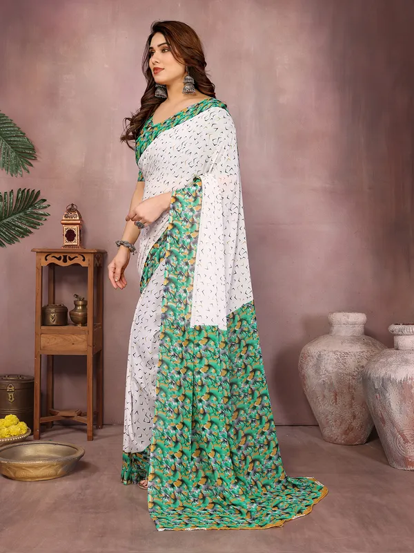 Floral_Print_Daily_Wear_Georgette_Saree��(White,_Green)