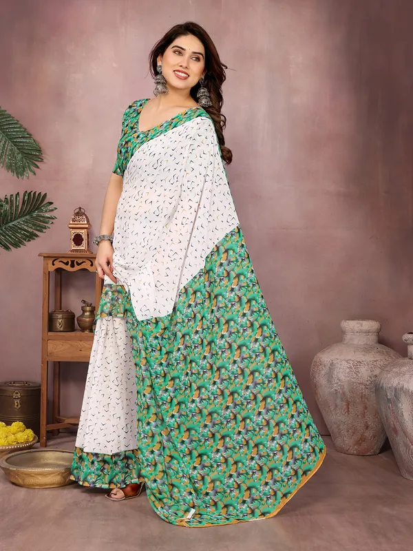 Floral_Print_Daily_Wear_Georgette_Saree��(White,_Green)