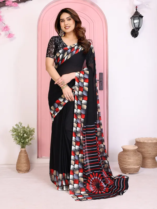 Geomentric_Print_Georgette_Saree_(Black)