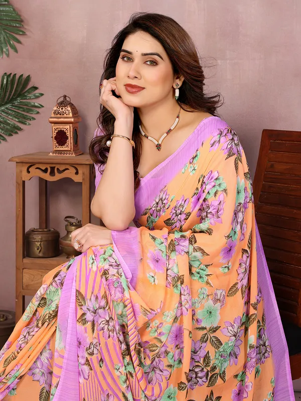 Floral_Print_Daily_Wear_Georgette_Saree��(Orange,_Purple)