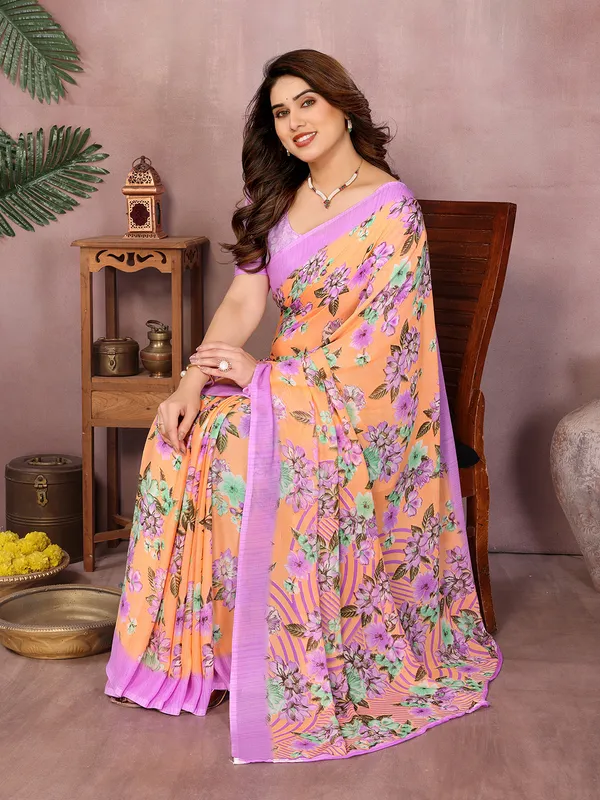 Floral_Print_Daily_Wear_Georgette_Saree��(Orange,_Purple)