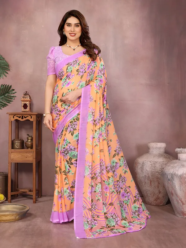 Floral_Print_Daily_Wear_Georgette_Saree��(Orange,_Purple)