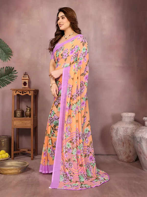 Floral_Print_Daily_Wear_Georgette_Saree��(Orange,_Purple)