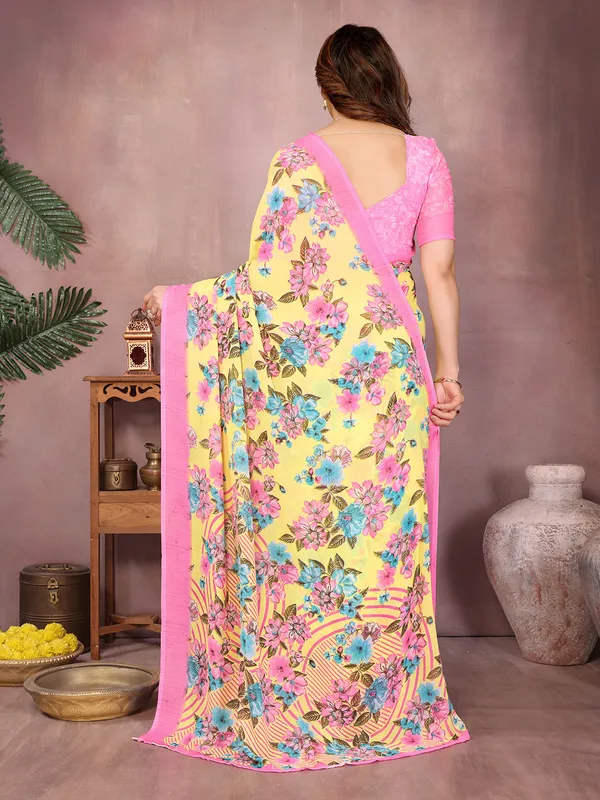 Floral_Print_Daily_Wear_Georgette_Saree��(Yellow,_Pink)
