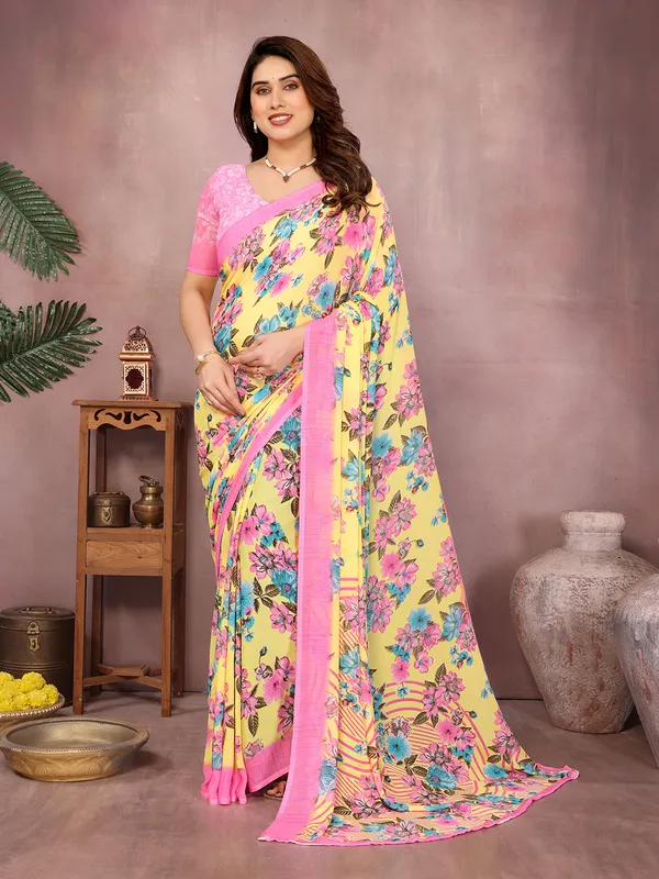 Floral_Print_Daily_Wear_Georgette_Saree��(Yellow,_Pink)