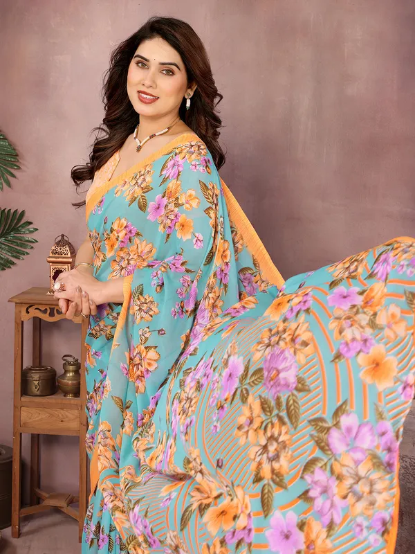 Floral_Print_Daily_Wear_Georgette_Saree��(Orange,_Light_Blue)