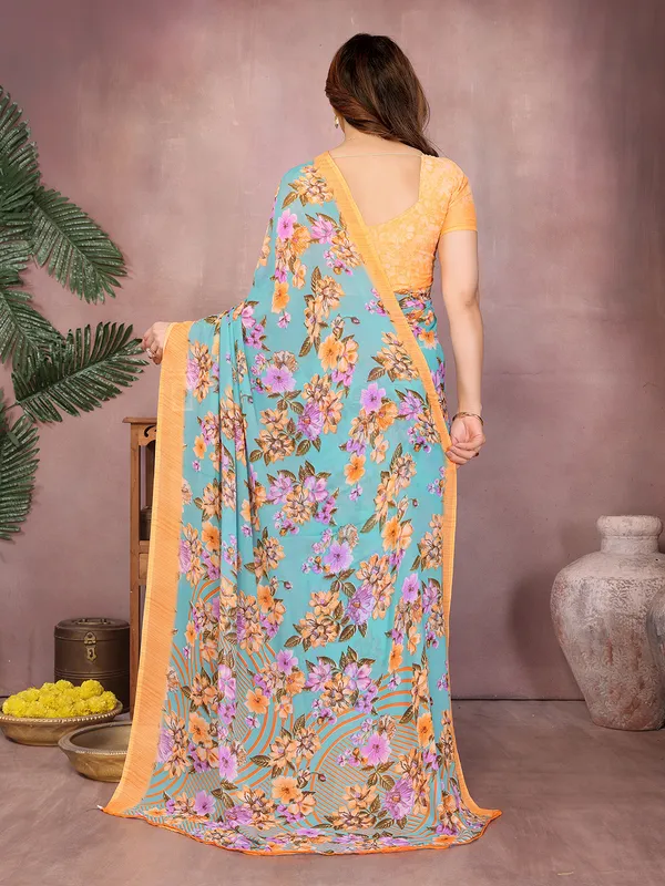 Floral_Print_Daily_Wear_Georgette_Saree��(Orange,_Light_Blue)