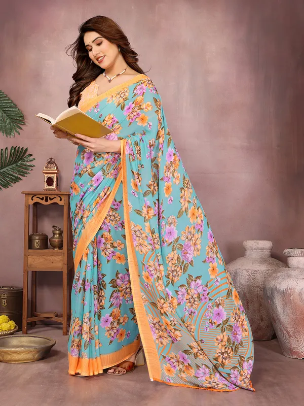 Floral_Print_Daily_Wear_Georgette_Saree��(Orange,_Light_Blue)