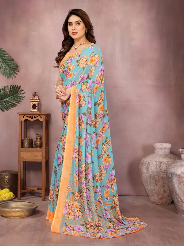 Floral_Print_Daily_Wear_Georgette_Saree��(Orange,_Light_Blue)