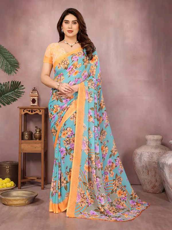 Floral_Print_Daily_Wear_Georgette_Saree��(Orange,_Light_Blue)