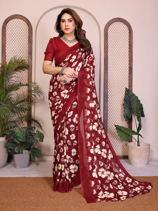 Printed_Georgette_Saree_With_UnStitched_Blouse_Piece_(MAROON)