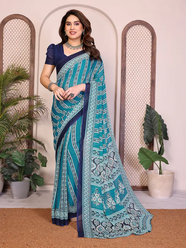 Printed_Georgette_Saree_With_UnStitched_Blouse_Piece_(BLUE)