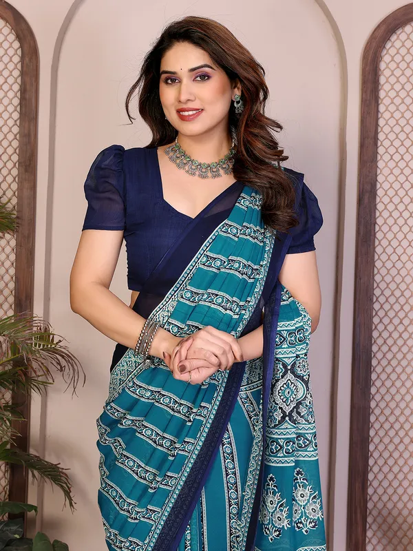 Printed_Georgette_Saree_With_UnStitched_Blouse_Piece_(BLUE)