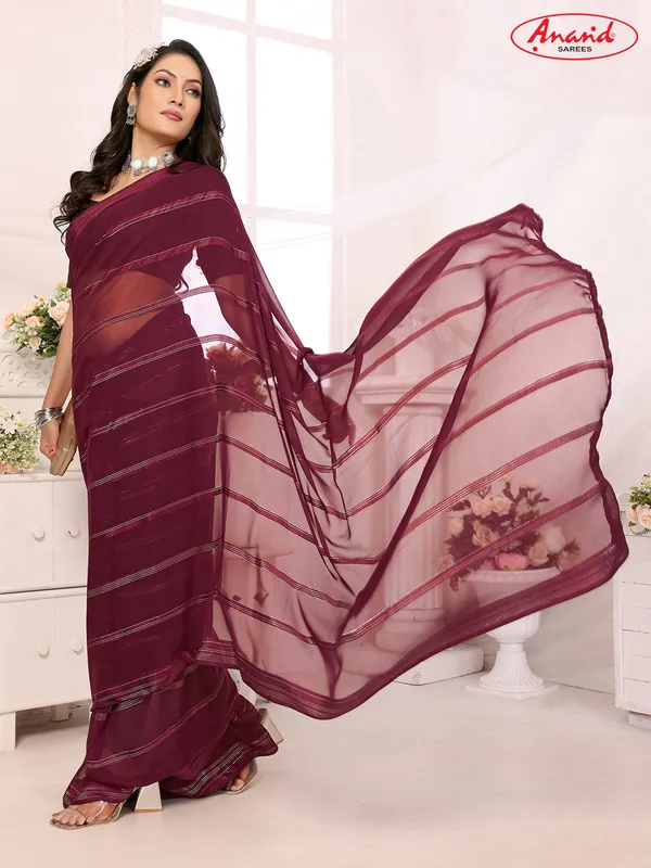 Embellished,_Striped,_Self_Design_Bollywood_Satin_Saree_(Maroon)