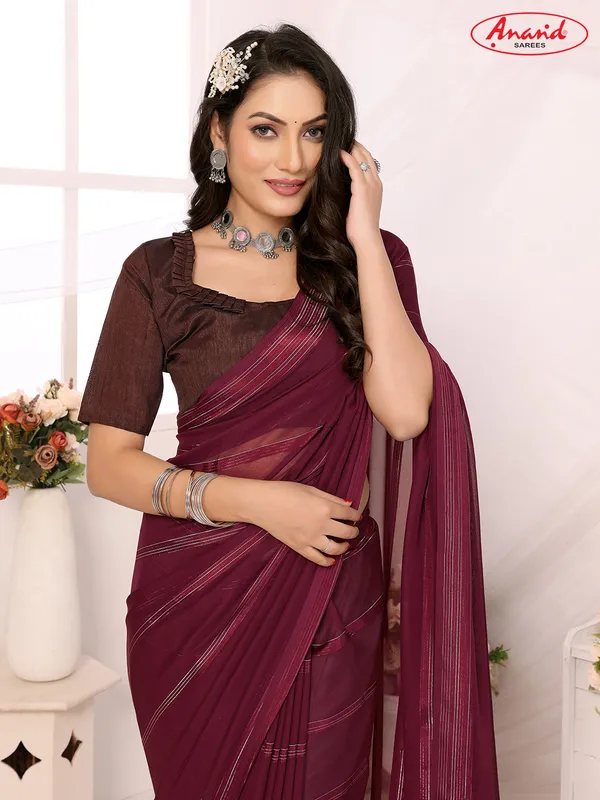 Embellished,_Striped,_Self_Design_Bollywood_Satin_Saree_(Maroon)