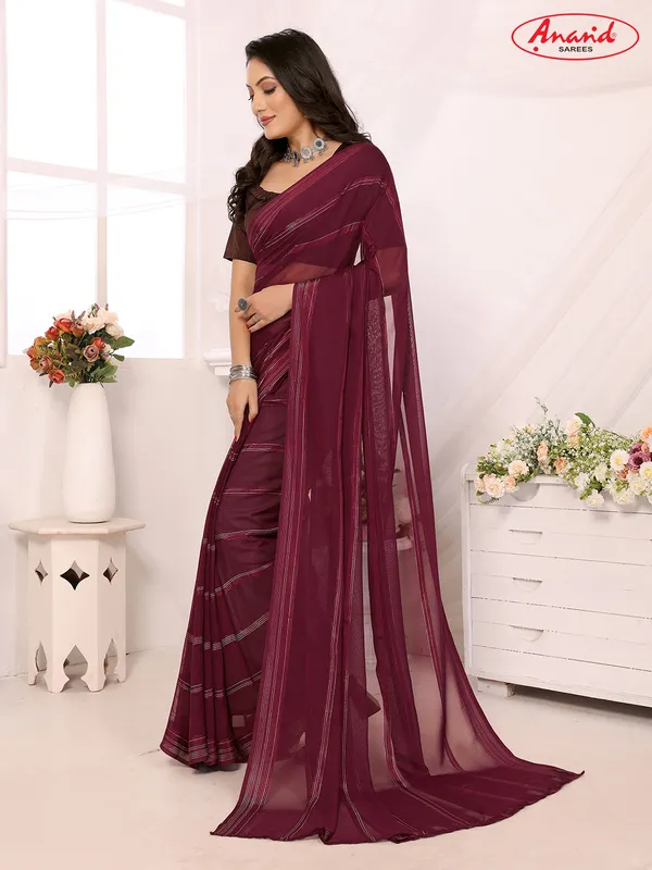 Embellished,_Striped,_Self_Design_Bollywood_Satin_Saree_(Maroon)