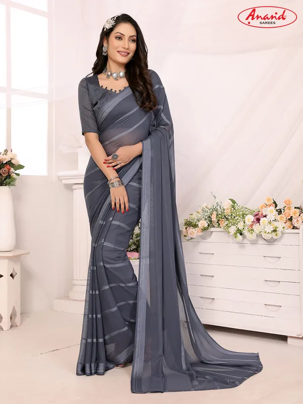 Embellished,_Striped,_Self_Design_Bollywood_Satin_Saree_(Grey)