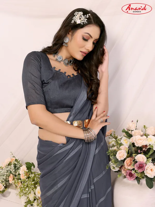 Embellished,_Striped,_Self_Design_Bollywood_Satin_Saree_(Grey)
