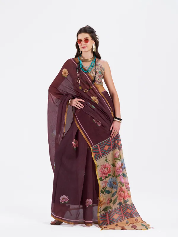Digital_Print_Cotton_Linen_Saree_With_Unstitched_Blouse_Piece