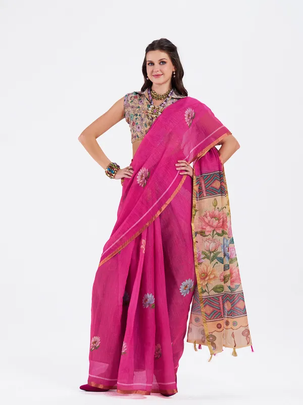 Digital_Print_Cotton_Linen_Saree_With_Unstitched_Blouse_Piece